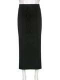 Streetwear Y2k Long Skirt Women Fashion Casual Black Lace-up High Waist Patchwork Sexy Slim Knitted Maxi Skirt