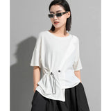 Women White Irregular Drawstring Big Size T-shirt New Round Neck Short Sleeve Fashion Tide Spring Summer 2023