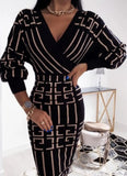 Print V-Neck Puff Sleeve Elegant Midi