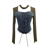 Hollow Hanging Neck Cowboy Splicing Mesh Strap With Irregular Long-Sleeved T-Shirt Short Top