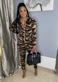 Camo Print Zipper Fly Hooded Two Piece Pants Set
