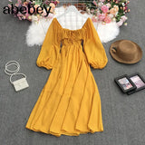 New Spring Temperament All-match Retro All-match Square collar puff sleeve Dress lace up ruffles