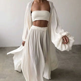 Loose Minimalist Three Piece Set For Women Slim Vest Lantern Long Sleeve Coat Wide Leg Pants Casual Sets Female
