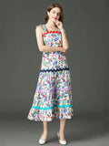 Runway Beach Bows Spaghetti Strap Flower Stitching Dress Women's Sleeveless Backless Floral Print Holiday Party
