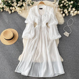 Vintage Women Long Chiffon Blouse Female Elegant Lantern Sleeve High Waist Slim Split Outerwear Blue Tuxedo Shirts Autumn