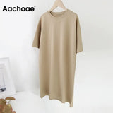 Women Casual Loose Solid 100% Cotton T Shirt Dress O Neck Mini Dress Batwing Short Sleeve Basic Dresses