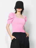 Casual Patchwork Diamonds Sweater For Women Square Collar Short Sleeve Solid Slim Knitting Pullover Female