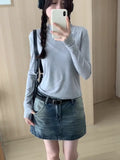Hooded Solid Color Long-Sleeved T-Shirt Women's Early Autumn New Style Design Slim And Thin T-Shirt-Outfit