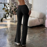 Women Low Rise Spliced Solid Fleece Slim Versatile Trousers American Casual Flare Pants Hottie Fashion Winter Streetwear-Outfit