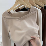 Velvet Bottomed Blouse Women's Autumn And Winter New Design Sense Minority Square Collar Irregular Sanding Western Style Slimming Blouse-Outfit