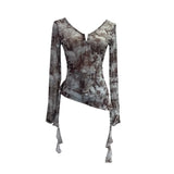 Dizziness Printing Mesh T-Shirt T-Shirt Irregular Lotus Leaf Side Ribbon Short Coat