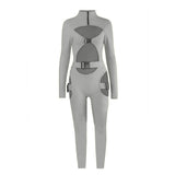 Women Bodycon Jumpsuit Solid Color Overalls Long Sleeves Rompers Bodysuits High Neck Hollow Out Buckle Biker Short