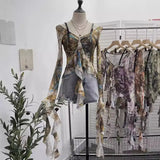 Retro Oil Painting Wind Dyed Lotus Leaf Side Sling T-Shirts Long Sleeves Drifting Coat