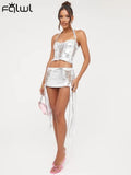 Silver Halter Drawstring 2 Two Piece Sets Summer Outfits For Women 2023 Sexy Hellow Out Mini Skirts Sets Backless