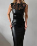 Lace Black Leather Dress Sexy Waist Slim Evening Dress Long Dress-Outfit