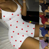 Bodysuit Women Sexy Heart Print Bodycon Jumpsuit V Neck Sleeveless Slim Fit Romper Summer One Piece Jumpsuits