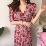 Dresses for Women V-neck Short Sleeve Floral Dress Female Chiffon Long Dress Korea Office Lady Vestidos Summer 2023