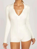 Women Ribbed Short Jumpsuits Solid Color V Neck Casual Slim Buttons Long Sleeve Playsuit Fashion Club Streetwear 2023-Outfit