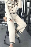 Striped Knitted Two Piece Suit Women Elegant Single Breasted Long Sleeve Top And Knit Wide Leg Pant 2023 New Korean