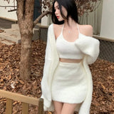 Korean Autumn Winter Mink Cashmere Knitted 3 Piece Set Women V-Neck Long Sleeve Cardigan Coat+Sexy Vest+Mini Skirt