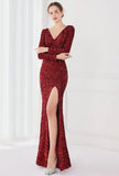 Winter Elegant Deep V Neck Long Sleeve Slit Cocktail Eevening