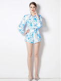 Piece Sets Womens Outfits Summer Holiday Runway Lantern Sleeve Floral Print Blouse Shirt + Pocket Wide Leg Shorts Suit