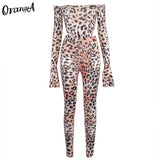 women off shoulder leopard print matching set long sleeve bodysuits+leggings stretchy two piece outfits fashion