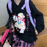 QWEEK Anime Hoodie Women Harajuku Manga Sweatshirt Ladies Kawaii Long Sleeve Pullover Korean Fashion Soft Girl Gamer Black