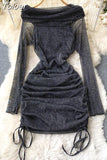 Off Shoulder Bodycon Mini Dress Women Fashion Spring Slash Neck Long Sleeve Shinny Mesh Drawstring Ruched Club Party