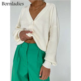 Casual V-neck Knitted Loose Cardigan Women Buttons Lantern Sleeve Sweaters Female Basic White Autumn Winter