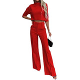 Women Korean Solid Short Tops Two Piece Sets Simple Round Neck Loose Straight Long Pants Set High Waist Ladies Autumn-Outfit
