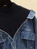 Women's Denim Coat Lapel Patchwork Pocket Single Breasted Belt Fake Two Piece Shirt Jackets 2024 Summer New Fashion 29L157-Outfit