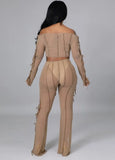 Sexy Hollow Out Bandage Off Shoulder Long Sleeve Crop Top and Pant