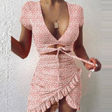 Floral Print Fashion Tie Up Wrap Mini Dress 2021 Summer Holiday Ruffles Sundress Ruched Women's Dress Short