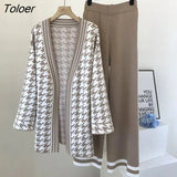 Plaid Mid Length Cardigan Outfit With Lace Up Women Knitted Houndstooth Sweater Coats+knitwear Wide Leg Pants 2 Piece