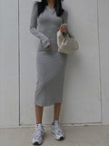 Quality Long Sleeve O-Neck Slim T Shirt Dress Spring Autumn Women Solid Casual Elegant Robe Bodycon