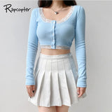 Lace Patchwork Crop Top Women T Shirts Knitted Slim Tee Tops Button Cardigan Blue Cute Tshirt Autumn Long Sleeve