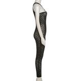 Leopard Print Mesh Skinny Jumpsuit Women One Shoulder Sleeveless Patchwork Fitness Party Activewear Basic Wild Female