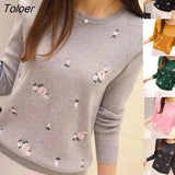 Women Fashion Floral Embroidery O Neck Pullover Knitted Jumper Sweater Knitted Sweater Pullover Knitted Casual