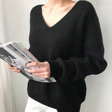 Aachoae Womens Sweaters 2021 Autumn Winter Casual V Neck Women Pullover Sweater Solid Long Sleeve Loose Knitted Cashmere