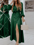 2022 Fashion Casual Long Vestidos Satin Wrap V-neck Long Puff Sleeve Maxi Dresses Women Elegant Pleated Split Party