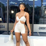 Summer Streetwear Rompers Womens Jumpsuits Sleeveles Rompers Playsuits V Neck Hollow Out Chain Black Bodycon