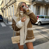 2022 New Fashion Suede Teddy Brown Woman Jacket Vintage Patchwork PU With Zipper Winter Coat Women Female Outwear