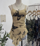 À±bab Net Yarn Print Small Sling Vest Tidly Tidly Ribbon Ribbon Leaves Edge Sleeveless Top