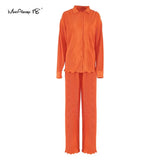 Pleated 2 Piece Women Pants Sets Loose Shirts And Wide Leg Long Pants Suit Ladies Outfits Fashion Office Two