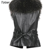 Women Leather Faux Fur Coat 2021 Winter Jacket Coat Women Casual Plus Size Sleeveless Faux Fox Fur Collar Vest