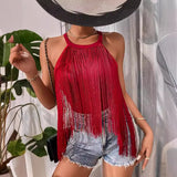 Women's Hot-Selling Solid Color Sleeveless Neck Top Ladies' Fashionable Tassel Beach Swimsuit-Outfit