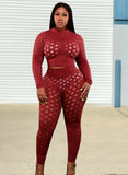 Plus Size Sexy Mesh Dot See Through Long Sleeve Top And Pant 2 Piece