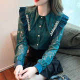 Hollow Out Lace Shirt Women Blusas Mujer De Moda 2022 Office Lady Flower Blouse Diamond Lapel Long Sleeve Female
