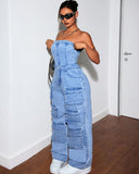 Women's Denim Cloth Jumpsuit Women's Fashion Babes Breasts Multi-Pocket Work